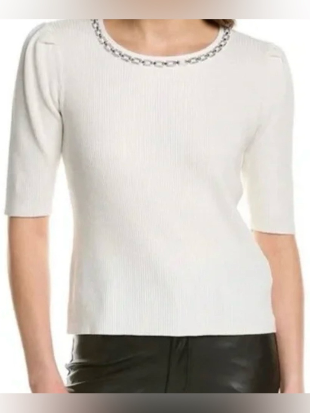 Nanette Lenore Puff Sleeve Jeweled Chain Ribbed Sweater in Cannoli Cream